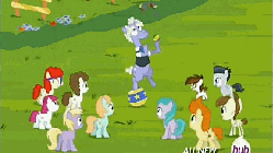 Size: 576x324 | Tagged: safe, screencap, aura (g4), dinky hooves, featherweight, gallop j. fry, little red, peach fuzz, pipsqueak, randolph, rumble, super funk, twist, pegasus, pony, g4, twilight time, animated, ball, butler, butt, colt, hub logo, hubble, juggling, male, plot, the hub