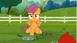 Size: 576x324 | Tagged: safe, screencap, scootaloo, pegasus, pony, g4, twilight time, animated, bipedal, blank flank, blinking, female, fence, filly, foal, gif, gritted teeth, hub logo, hubble, motion blur, smiling, solo, spread wings, talking, teeth, the hub, tree, unicycle, wings