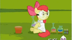 Size: 576x324 | Tagged: safe, screencap, alula, apple bloom, aquamarine, aura (g4), boysenberry, cotton cloudy, diamond tiara, dinky hooves, first base, gallop j. fry, noi, peach fuzz, pluto, silver spoon, super funk, sweetie belle, train tracks (g4), truffle shuffle, twist, earth pony, pony, g4, season 4, twilight time, animated, apple, clothes, erlenmeyer flask, female, filly, food, giant apple, goggles, hub logo, hubble, lab coat, science, sitting, the hub