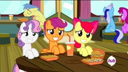 Size: 1920x1080 | Tagged: safe, screencap, apple bloom, berry punch, berryshine, goldengrape, minuette, scootaloo, sir colton vines iii, sweetie belle, earth pony, pegasus, pony, unicorn, g4, season 4, twilight time, cutie mark crusaders, fast food, female, filly, foal, hay burger, hub logo, magic, male, mare, restaurant, stallion, table