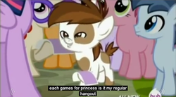 Size: 848x469 | Tagged: safe, screencap, dinky hooves, first base, pipsqueak, ruby pinch, shady daze, twist, earth pony, pony, g4, my little pony: friendship is magic, twilight time, colt, faic, hub logo, male, meme, youtube caption