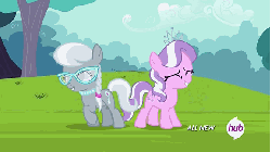 Size: 576x324 | Tagged: safe, screencap, diamond tiara, silver spoon, earth pony, pony, g4, twilight time, adorabullies, all new, animated, cute, female, filly, foal, hub logo, hubble, laughing, laughingmares.jpg, the hub