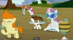 Size: 848x468 | Tagged: safe, screencap, gallop j. fry, little red, pipsqueak, sweetie belle, train tracks (g4), earth pony, pony, g4, twilight time, colt, hub logo, male, meme, miami, youtube caption