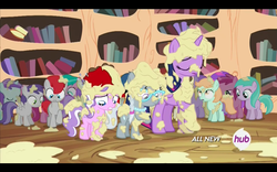 Size: 1680x1050 | Tagged: safe, screencap, alula, aquamarine, aura (g4), diamond tiara, dinky hooves, first base, heidi hay, liza doolots, peach fuzz, petunia, pluto, ruby pinch, silver spoon, super funk, tootsie flute, tornado bolt, train tracks (g4), twilight sparkle, alicorn, pony, g4, twilight time, female, hub logo, mare, mess, twilight sparkle (alicorn)