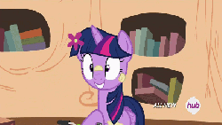 Size: 424x240 | Tagged: safe, screencap, spike, twilight sparkle, alicorn, pony, g4, twilight time, all new, angry, animated, carrying, female, food, golden oaks library, hub logo, mare, messy, nachos, oh come on, pile, scooter, spike is not amused, text, twilight sparkle (alicorn), unamused, working
