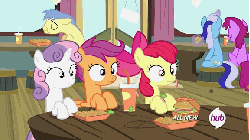 Size: 576x324 | Tagged: safe, screencap, apple bloom, berry punch, berryshine, goldengrape, minuette, scootaloo, sir colton vines iii, sweetie belle, earth pony, pony, unicorn, g4, twilight time, animated, burger, cup, cutie mark crusaders, drink, eating, french fries, hay burger, hay fries, hub logo, hubble, implied twilight sparkle, levitation, magic, male, stallion, the hub, twilight burgkle