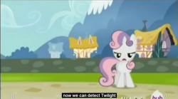 Size: 848x470 | Tagged: safe, screencap, sweetie belle, pony, unicorn, g4, twilight time, d:, female, filly, frown, hub logo, lidded eyes, meme, open mouth, solo, unamused, youtube caption