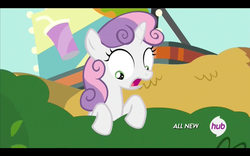 Size: 1680x1050 | Tagged: safe, screencap, sweetie belle, pony, unicorn, g4, twilight time, black bars, bush, bushicorn, female, filly, hub logo, letterboxing, looking down, shock, solo