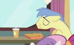 Size: 451x273 | Tagged: safe, screencap, goldengrape, scootaloo, sir colton vines iii, sweetie belle, earth pony, pony, g4, twilight time, animated, background characters doing background things, drink, eating, food, forever alone, hay burger, hay fries, hub logo, hubble, lonely, male, meme, offscreen character, stallion, table, the hub