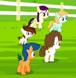 Size: 591x606 | Tagged: safe, screencap, boysenberry, first base, peach fuzz, pipsqueak, super funk, g4, twilight time, background pony, butt, colt, filly, plot