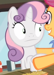 Size: 349x481 | Tagged: safe, screencap, goldengrape, scootaloo, sir colton vines iii, sweetie belle, pegasus, pony, unicorn, g4, twilight time, :|, cropped, duo, faic, female, filly, foal, offscreen character, poker face, reaction image