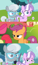 Size: 1920x3240 | Tagged: safe, screencap, apple bloom, diamond tiara, scootaloo, silver spoon, g4, twilight time, glasses, hub logo, lidded eyes, not sure if want, out of context, screencap comic, scrunchy face