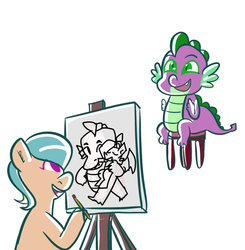 Size: 900x918 | Tagged: safe, artist:php52, spike, oc, oc:tetra sketch, dragon, pony, g4, duo, easel, hoof hold, painting, simple background, white background