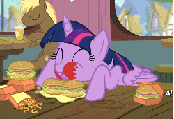 Size: 764x526 | Tagged: safe, screencap, coco crusoe, twilight sparkle, alicorn, pony, g4, twilight time, animated, burger, cute, eating, eyes closed, female, food, gif, hay burger, ketchup, loop, majestic as fuck, male, mare, messy, messy eating, onion horseshoes, puffy cheeks, stallion, that pony sure does love burgers, twiabetes, twilight burgkle, twilight slobble, twilight sparkle (alicorn)