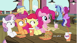 Size: 576x324 | Tagged: safe, screencap, apple bloom, berry punch, berryshine, goldengrape, minuette, pinkie pie, scootaloo, sir colton vines iii, sweetie belle, earth pony, pegasus, pony, unicorn, g4, twilight time, animated, burger, cutie mark crusaders, drink, female, filly, foal, french fries, hay fries, hub logo, hubble, male, mare, stallion, the hub