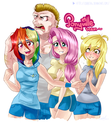 Size: 1463x1621 | Tagged: safe, artist:zorbitas, bulk biceps, derpy hooves, fluttershy, rainbow dash, human, g4, rainbow falls, breasts, busty derpy hooves, busty fluttershy, busty rainbow dash, female, humanized, light skin