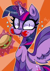 Size: 583x833 | Tagged: safe, artist:kaliptro, twilight sparkle, alicorn, pony, g4, twilight time, burger, caught, eating, female, food, hay burger, ketchup, magic, mare, messy, messy eating, puffy cheeks, solo, that pony sure does love burgers, twilight burgkle, twilight slobble, twilight sparkle (alicorn)