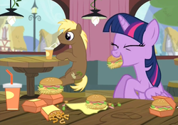 Size: 699x492 | Tagged: safe, screencap, coco crusoe, twilight sparkle, alicorn, earth pony, pony, g4, twilight time, adorkable, burger, cute, dork, eating, female, food, french fries, gentlemen, hay burger, hay fries, male, mare, onion horseshoes, stallion, that pony sure does love burgers, that pony sure does love hay fries, twiabetes, twilight burgkle, twilight slobble, twilight sparkle (alicorn)