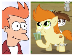 Size: 1136x848 | Tagged: safe, screencap, gallop j. fry, pipsqueak, train tracks (g4), earth pony, pony, g4, twilight time, colt, futurama, look-alike, male, philip j. fry