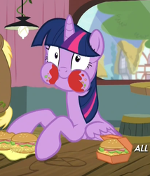 Size: 471x550 | Tagged: safe, screencap, coco crusoe, twilight sparkle, alicorn, pony, g4, season 4, twilight time, :i, aweeg*, female, hay burger, ketchup, mare, messy, messy eating, puffy cheeks, smiling, solo, that pony sure does love burgers, twilight burgkle, twilight slobble, twilight sparkle (alicorn), wide eyes