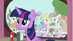 Size: 576x324 | Tagged: safe, screencap, alula, apple bloom, aura (g4), berry punch, berryshine, dinky hooves, featherweight, gallop j. fry, goldengrape, minuette, noi, pinkie pie, pipsqueak, pluto, ruby pinch, scootaloo, sir colton vines iii, super funk, sweetie belle, tornado bolt, twilight sparkle, alicorn, earth pony, pegasus, pony, unicorn, g4, twilight time, all new, animated, burger, colt, cutie mark crusaders, drink, female, filly, foal, french fries, gif, hay fries, hub logo, hubble, loop, male, mare, observer, stallion, text, the hub, twilight sparkle (alicorn), window