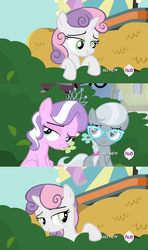 Size: 1920x3240 | Tagged: safe, screencap, diamond tiara, silver spoon, sweetie belle, g4, twilight time, hub logo, missing accessory, out of context, screencap comic