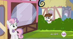 Size: 571x307 | Tagged: safe, screencap, pipsqueak, sweetie belle, earth pony, pony, g4, twilight time, colt, hub logo, male