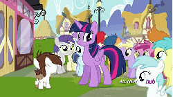 Size: 576x324 | Tagged: safe, screencap, alula, cotton cloudy, dinky hooves, first base, gallop j. fry, pipsqueak, pluto, rainy feather, ruby pinch, shady daze, tornado bolt, twilight sparkle, twist, alicorn, earth pony, pony, g4, twilight time, all new, animated, butt, colt, female, hub logo, hubble, male, mare, plot, the hub, twilight sparkle (alicorn)