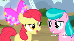 Size: 1071x591 | Tagged: safe, screencap, apple bloom, aquamarine, earth pony, pony, g4, twilight time, apple bloom's bow, bedazzled, bow, duo, female, filly, foal, hair bow, open mouth, ribbon