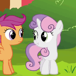 Size: 700x700 | Tagged: safe, screencap, sweetie belle, pegasus, pony, unicorn, g4, twilight time, animated, cute, diasweetes, eyes closed, female, filly, foal, gif, happy, jumping, pronking, talking