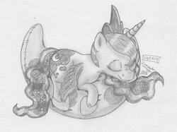Size: 1024x764 | Tagged: safe, artist:inurantchan, princess luna, g4, cute, female, filly, monochrome, moon, pillow, sleeping, solo, traditional art, woona