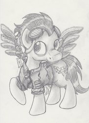 Size: 1024x1404 | Tagged: safe, artist:inurantchan, soarin', g4, backwards cutie mark, male, monochrome, solo, traditional art