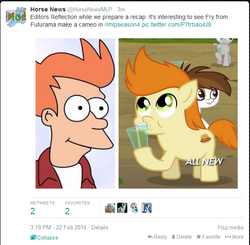 Size: 593x580 | Tagged: safe, gallop j. fry, pipsqueak, train tracks (g4), g4, twilight time, /mlp/, 4chan, all new, futurama, horse news, look-alike, male, philip j. fry, text, twitter