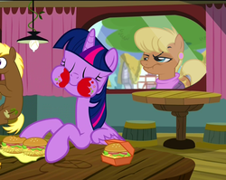 Size: 1358x1080 | Tagged: safe, artist:twilightshadowart, edit, edited screencap, screencap, coco crusoe, ms. harshwhinny, twilight sparkle, alicorn, pony, g4, twilight time, burger, female, hay burger, ketchup, male, mare, messy, messy eating, professionalism, stallion, that pony sure does love burgers, twilight burgkle, twilight slobble, twilight sparkle (alicorn), unprofessional