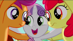Size: 1920x1080 | Tagged: safe, edit, screencap, apple bloom, scootaloo, sweetie belle, g4, twilight time, child, cute, cutie mark crusaders, diasweetes, faic, female, filly, foal, huddle, looking at each other, looking at someone, open mouth, open smile, smiling