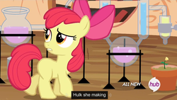 Size: 1440x810 | Tagged: safe, screencap, apple bloom, earth pony, pony, g4, twilight time, female, hub logo, meme, solo, youtube caption