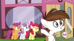 Size: 1023x574 | Tagged: safe, screencap, apple bloom, pipsqueak, scootaloo, sweetie belle, earth pony, pony, g4, my little pony: friendship is magic, twilight time, colt, cutie mark crusaders, hub logo, male, pointing