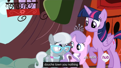 Size: 1440x810 | Tagged: safe, screencap, diamond tiara, silver spoon, twilight sparkle, alicorn, pony, g4, twilight time, female, hub logo, mare, meme, twilight sparkle (alicorn), youtube caption