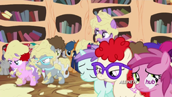 Size: 1023x575 | Tagged: safe, screencap, apple bloom, diamond tiara, first base, gallop j. fry, liza doolots, petunia, ruby pinch, scootaloo, silver spoon, super funk, sweetie belle, tootsie flute, tornado bolt, twilight sparkle, twist, alicorn, pony, g4, twilight time, cutie mark crusaders, disappointed, female, hub logo, mare, twilight sparkle (alicorn)