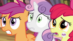 Size: 1023x575 | Tagged: safe, screencap, apple bloom, scootaloo, sweetie belle, g4, twilight time, cutie mark crusaders, hub logo