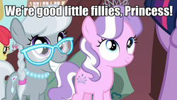 Size: 1280x720 | Tagged: safe, edit, edited screencap, screencap, apple bloom, diamond tiara, silver spoon, twilight sparkle, alicorn, pony, g4, twilight time, blatant lies, cute, diamondbetes, female, image macro, mare, meme, seems legit, silverbetes, twilight sparkle (alicorn)