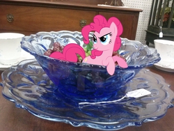 Size: 2592x1944 | Tagged: safe, artist:patec, artist:tokkazutara1164, pinkie pie, g4, bowl, cute, dresser, grapes, irl, leaning, photo, ponies in real life, price tag, raised eyebrow, saucer, smirk, solo, teacup, vector