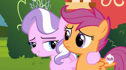 Size: 1280x717 | Tagged: safe, screencap, diamond tiara, scootaloo, g4, twilight time, cute, diamondbetes, hub logo, lidded eyes, out of context