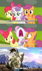 Size: 720x1215 | Tagged: safe, screencap, apple bloom, scootaloo, sweetie belle, g4, twilight time, battle tendency, caption, jojo's bizarre adventure, joseph joestar, nigerundayo, running, that's my pony, that's my x