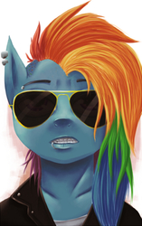 Size: 472x750 | Tagged: safe, artist:potheadsam, rainbow dash, g4, badass, clothes, female, jacket, leather jacket, piercing, portrait, solo, sunglasses, undercut