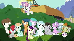 Size: 640x360 | Tagged: safe, screencap, aura (g4), boysenberry, cotton cloudy, diamond tiara, first base, gallop j. fry, peach fuzz, pipsqueak, silver spoon, super funk, sweetie belle, train tracks (g4), truffle shuffle, earth pony, pony, g4, twilight time, animated, colt, female, filly, hub logo, male, pouting, sweetie belle is not amused