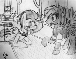 Size: 1100x852 | Tagged: safe, artist:artistbrony, doctor whooves, star hunter, time turner, g4, bowtie, crying, discord whooves, discorded, doctor who, jack harkness, monochrome, tardis, tardis console room, tardis control room, the doctor, traditional art