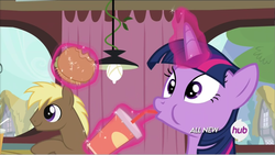 Size: 1315x744 | Tagged: safe, screencap, twilight sparkle, alicorn, pony, g4, twilight time, burger, female, glowing horn, horn, magic, mare, that pony sure does love burgers, twilight burgkle, twilight sparkle (alicorn)