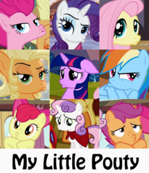 Size: 900x1048 | Tagged: safe, edit, edited screencap, screencap, apple bloom, applejack, fluttershy, mare do well, pinkie pie, rainbow dash, rarity, scootaloo, sweetie belle, twilight sparkle, earth pony, pony, filli vanilli, g4, hurricane fluttershy, one bad apple, pinkie apple pie, season 1, season 2, season 3, season 4, simple ways, suited for success, the mysterious mare do well, twilight time, applejewel, compilation, cropped, cutie mark crusaders, duckface, female, filly, mane six, mare, o3o, pouting