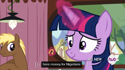 Size: 589x331 | Tagged: safe, screencap, coco crusoe, twilight sparkle, alicorn, earth pony, pony, g4, my little pony: friendship is magic, twilight time, 419 scam, female, hub logo, male, mare, meme, stallion, twilight sparkle (alicorn), youtube caption